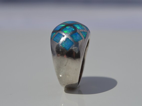 Blue opal ring, silver inlay blue opal ring, dome… - image 4