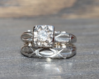 1950s Diamond 14k White Gold Wedding Set: Engraved Vintage Rings