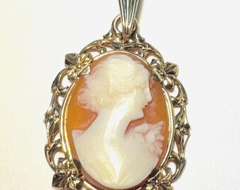 10k gold cameo shell pendant, ornate cameo pendant, orange shell cameo