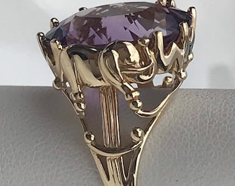 10k gold Amethyst ring, Elephant design large ring