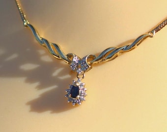 14k Yellow Gold Sapphire Diamond Drop Necklace