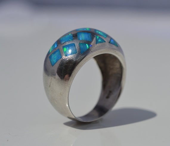 Blue opal ring, silver inlay blue opal ring, dome… - image 7