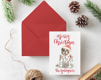 Custom Holiday Family or Pet Dog Watercolor Christmas Cards Stationery PLUS printing for 100 cards