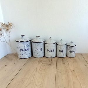 Antique set of 5 French enamelware food storage canisters ~ Farine, Cafe, Thé, Poivre, Pâtes, blue and white marbled enamel, kitchenalia