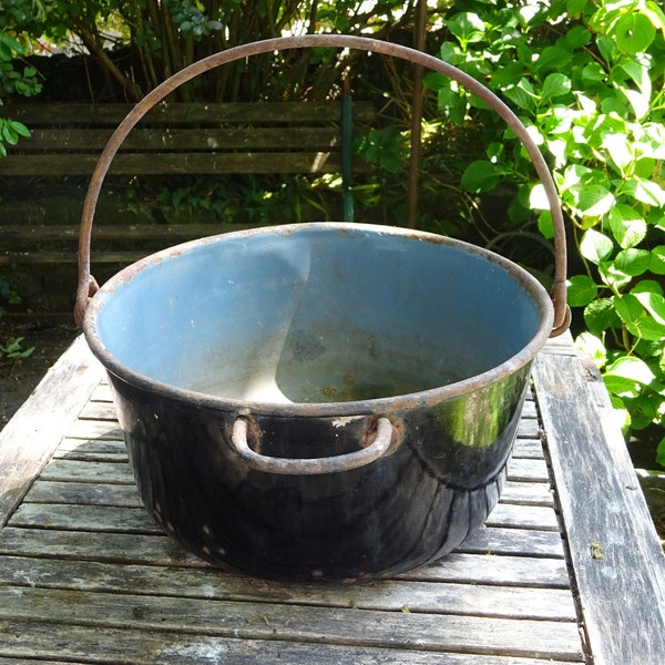Vintage enamelled cast iron cauldron, large enamelware cooking pot with handle and pouring spout, preserve pan, grey & black enamel pan