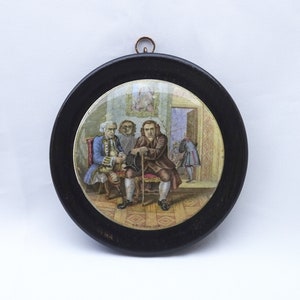Antique Prattware pot lid, Dr. Johnson, framed Victorian transfer printed earthenware pot lid, black painted wooden frame, ceramic pot lid