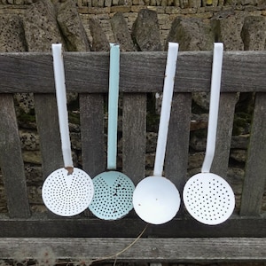 Vintage French enamel ladle / skimmer x 1, enamelware soup ladles, sieves, white turquoise, made in France, old kitchen utensil, kitchenalia