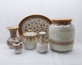 Vintage Cornish Fosters & Presingoll Pottery blonde honeycomb ware ~ platter, vase, biscuit barrel, pepper shaker, mustard pot, storage jar