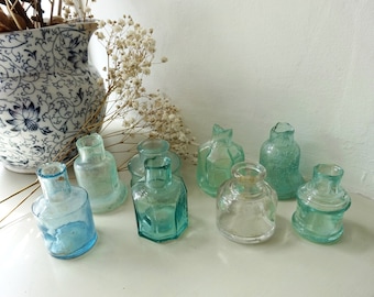 Victorian ink bottle x 1, aqua glass bottles, octagonal, bell shaped, cotton reel, antique inkwells, bud vases, desk accessory, calligraphy
