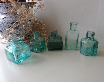 Antique aqua ink bottle x1, burst top, square ribbed with pen rests, rectangular, octagonal, Fields, antique inkwells, bud vase tablescaping