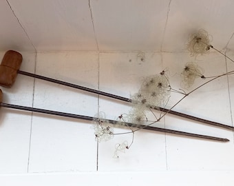 Antique long augers, one marked T. Newey Lt, the other GPO, pair of long gimlets or hand drills, carpentry tools, Victorian boring tools