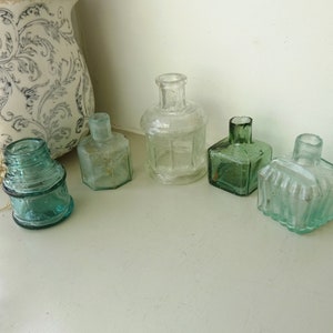 Antique aqua ink bottle x 1, burst tops, ribbed with pen rests, octagonal, square, faceted, cotton reel shaped, antique inkwells, bud vases