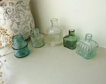 Antique aqua ink bottle x 1, burst tops, ribbed with pen rests, octagonal, square, faceted, cotton reel shaped, antique inkwells, bud vases