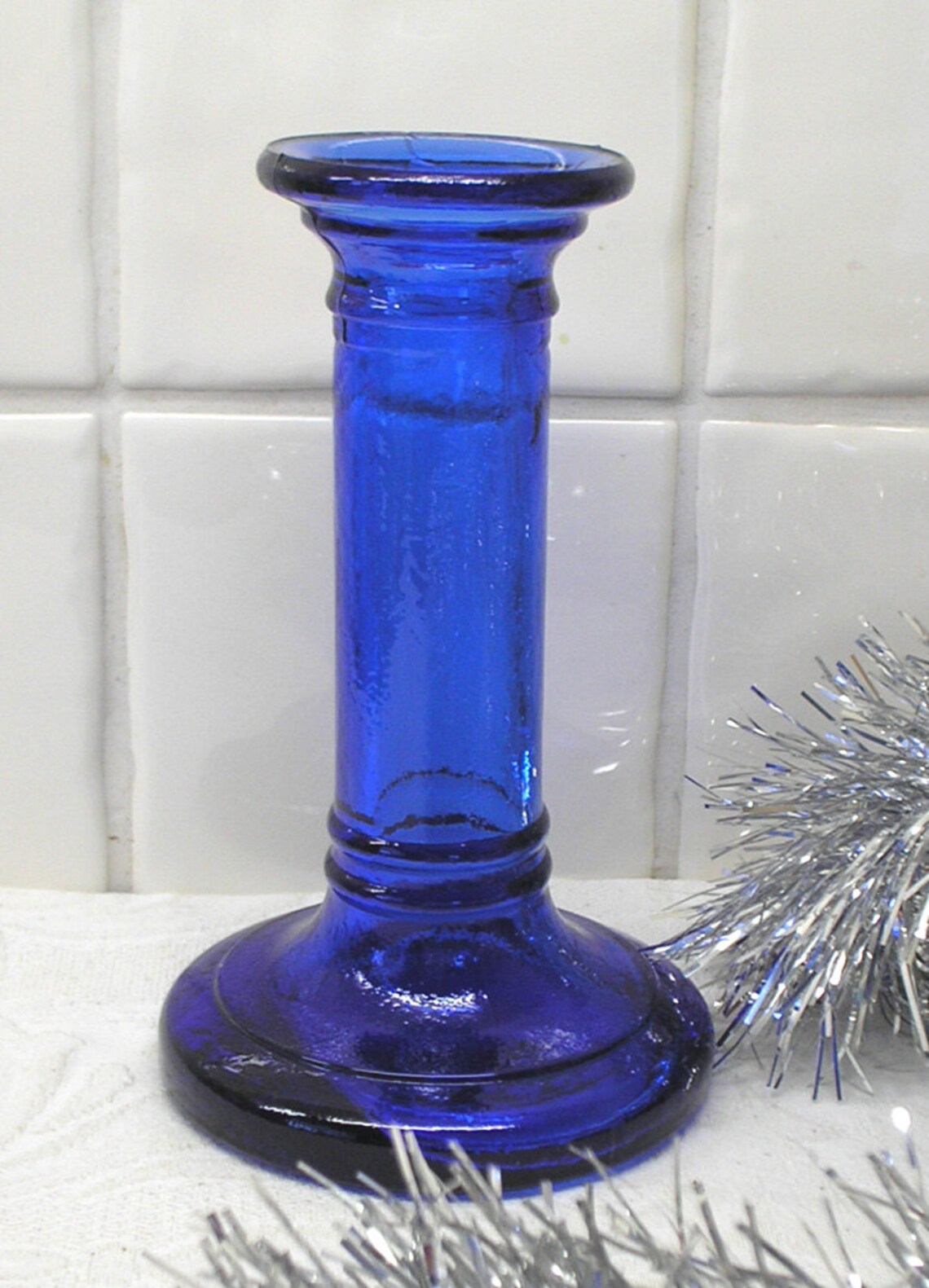 Cobalt blue glass candle stick holder Vintage 1980s recycled Etsy