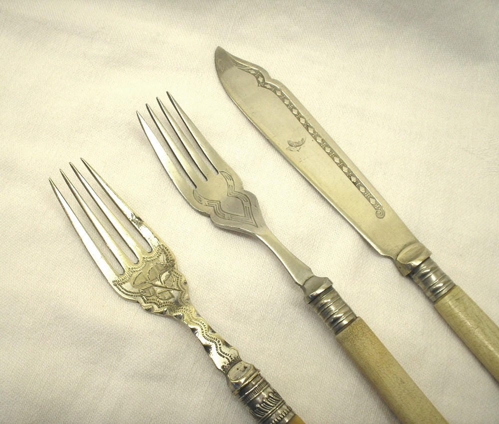 Antique silver plated fish knife and two forks bone and faux Etsy