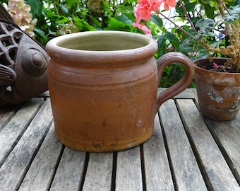 Vintage French stoneware rillette pot, rustic salt glazed grease / confit pot, French sandstone rillettes jar with handle, utensil holder