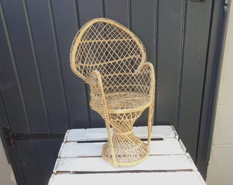 Vintage peacock chair plant stand, small rattan doll's chair
