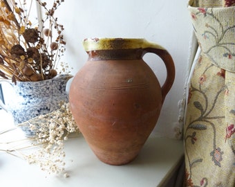 Antique terracotta jug, Royal Barum Ware, yellow slip glazed rim, glazed interior large Devon pottery jug, rustic pottery pitcher, water jug