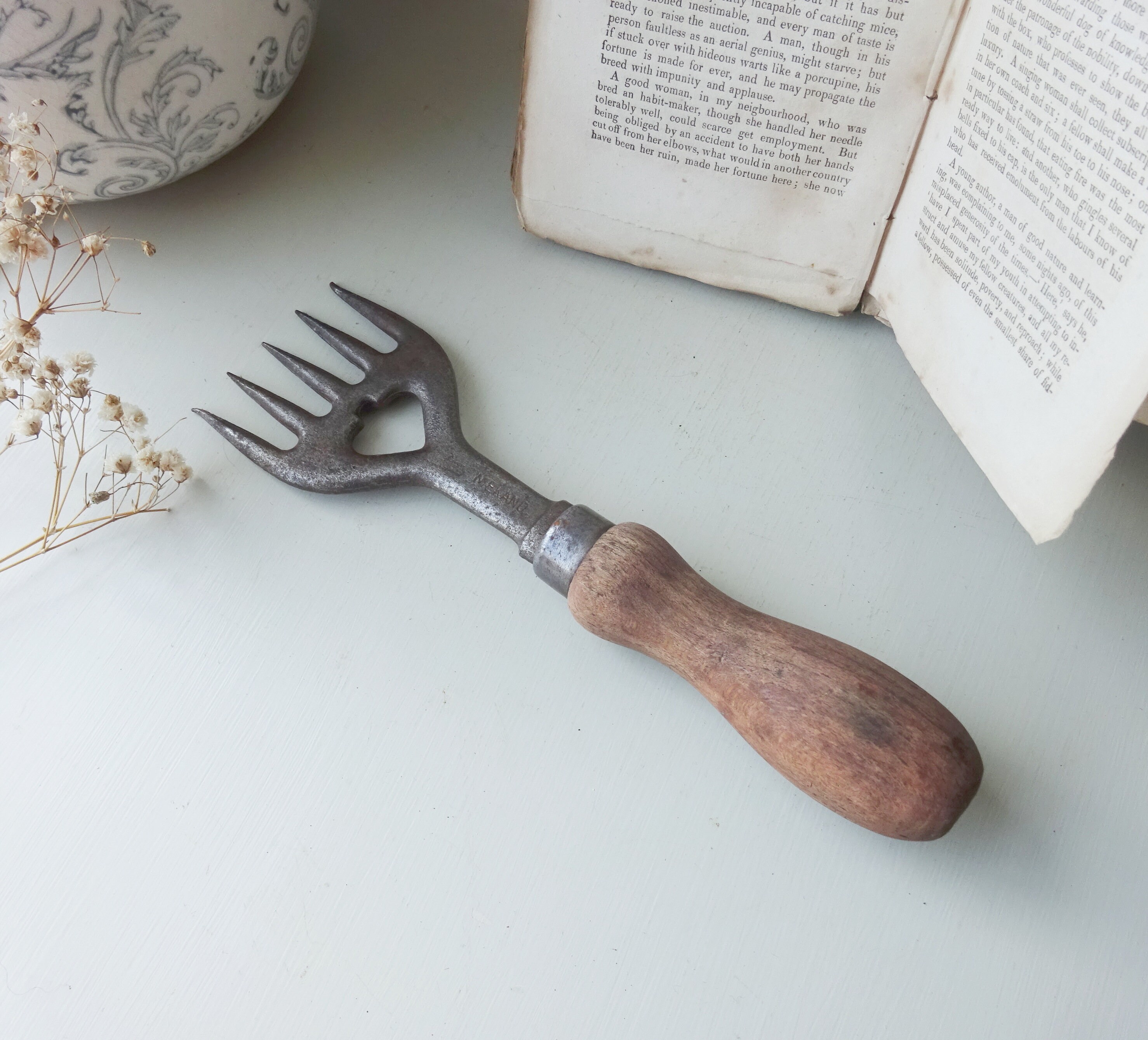 Vintage Mekano iron meat fork or bread fork with a wooden handle, vintage kitchenalia, kitchen utensil, heavy and study, gardening hand fork