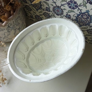 May include: White ceramic mould for making a jelly or pudding dessert. The mould has a decorative design with a raised pattern of leaves and flowers.