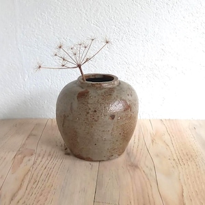 Puede incluir: Un jarrón redondo de gres, con cuello estrecho y acabado moteado y terroso. Un tallo de planta seca con múltiples ramitas sobresale de la abertura del jarrón. El jarrón se exhibe sobre una superficie de madera.