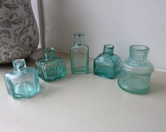 Victorian ink bottle x 1, aqua glass bottle, octagonal, ribbed pen rests, cotton reel, rectangular, square inkwells, bud vases, calligraphy