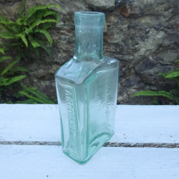 Victorian aqua Argonaut hat polish bottle, embossed Argonaut Regd on sides, antique bevelled rectangular aqua bottle, bud vase, shelf decor