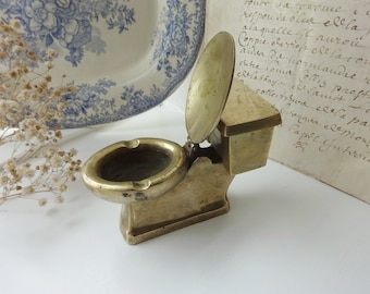 Vintage brass toilet ashtray & Vesta matchbox holder, lavatory model, cigarette ash tray, paperweight desk ornament, bathroom loo tobacciana
