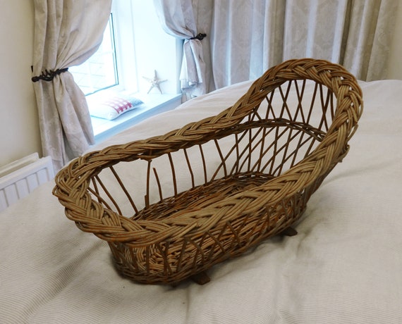 Antique Wicker Doll s Cradle Rocking Crib Basketry Doll Bassinet