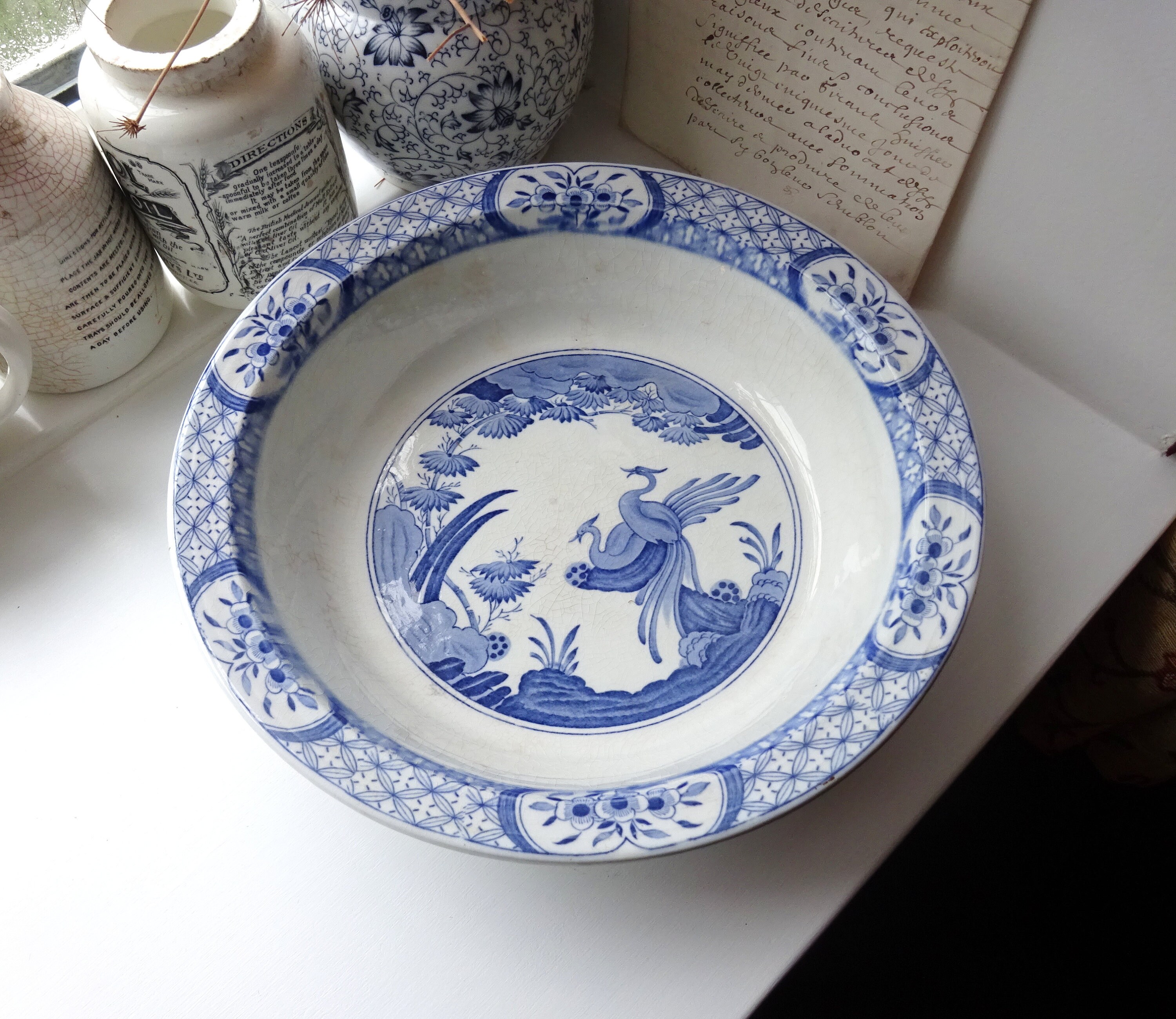 Antique blue and white large bowl, Old Chelsea by Furnivals Ltd, ironstone serving bowl, fruit bowl, Oriental style pattern, crazing, stains