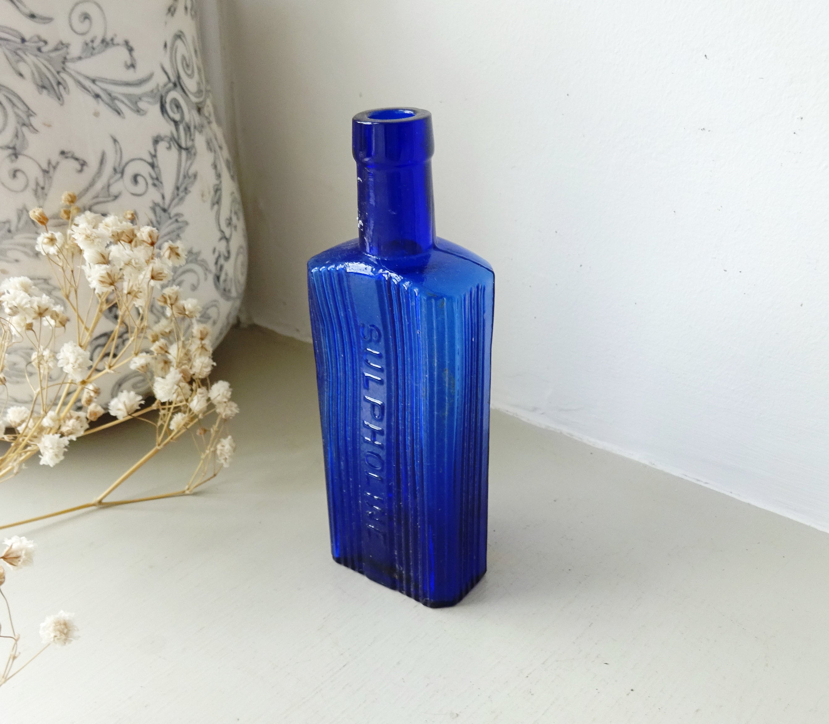 Antique cobalt blue bottle - Sulpholine bottle, rectangular ribbed cobalt poison bottle, chemist bottle, apothecary skin ointment bottle