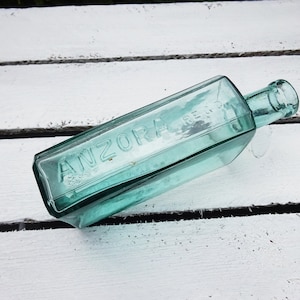 Antique Anzora bottle, large aqua bottle, rectangular with chamfered corners, Anzora Viola Cream, Masters The Hair, men&#39;s hair cream bottle