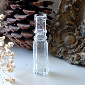 Puede incluir: Una pequeña botella de vidrio transparente con base rectangular y cuello estrecho. La botella está vacía y tiene una estética vintage. Una piña y flores blancas secas en el fondo sugieren un tema rústico.