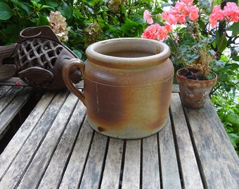 Vintage French stoneware rillette pot, large and heavy grease / confit pot, 1.9kg French sandstone rillettes jar with handle, utensil holder