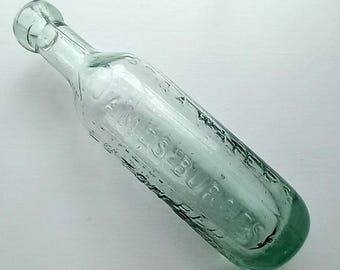 Botella de agua mineral victoriana de fondo redondo color aguamarina, James Burgess, Luton, Beds, forma de pepino, coleccionable, década de 1880 aproximadamente.