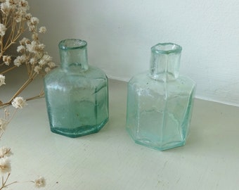 Antique octagonal aqua glass ink bottle x1, Victorian ink wells with shear tops, eight sided burst top ink bottles, calligraphy, bud vases