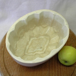 Victorian jelly mould, large oval cathedral mold. Antique ironstone pottery jelly mold, 19th century blancmange mould. Kitchenalia, bakeware