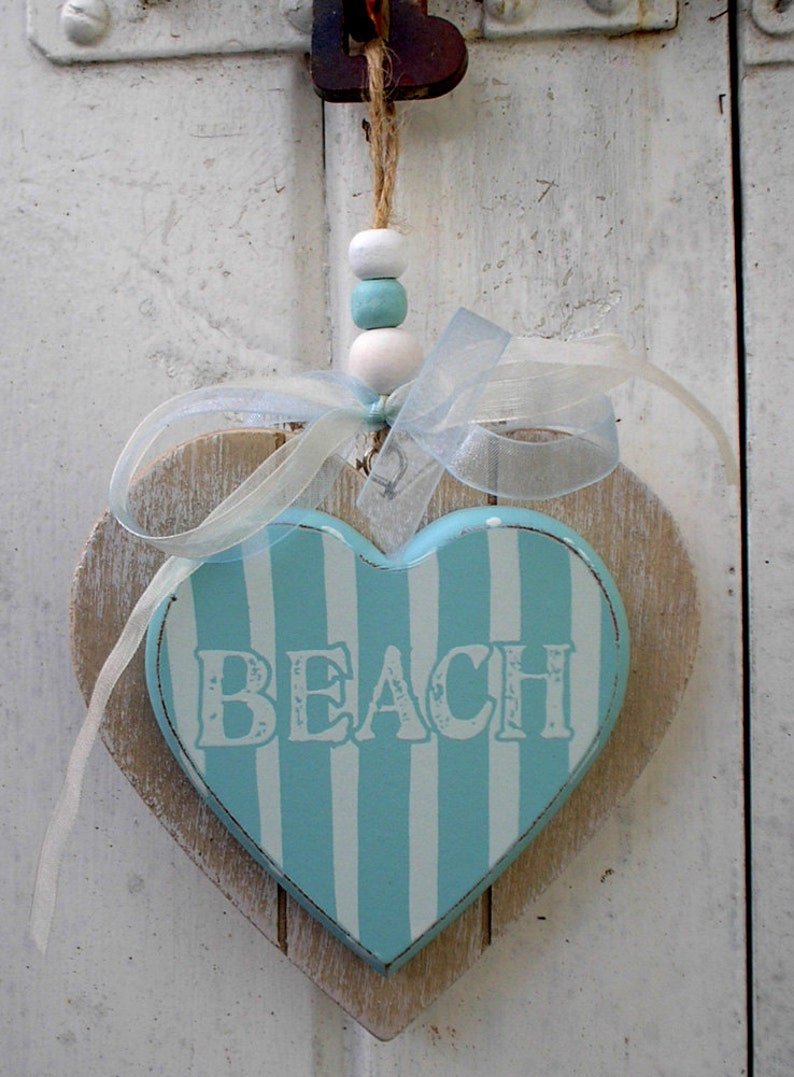 Nautical Beach Hut Hanging Decorations Shabby Chic Real Wood Hearts Handmade