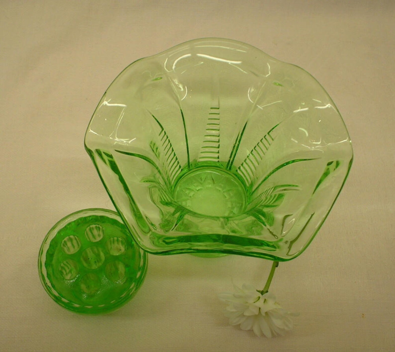 Vintage green glass vase & flower frog emerald green colour Etsy