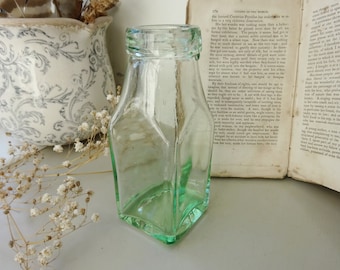 Antique aqua glass jar x 1, Victorian aqua glass bottle, square thick glass storage jar, old preserve jar or bottle, kitchenalia, bud vase