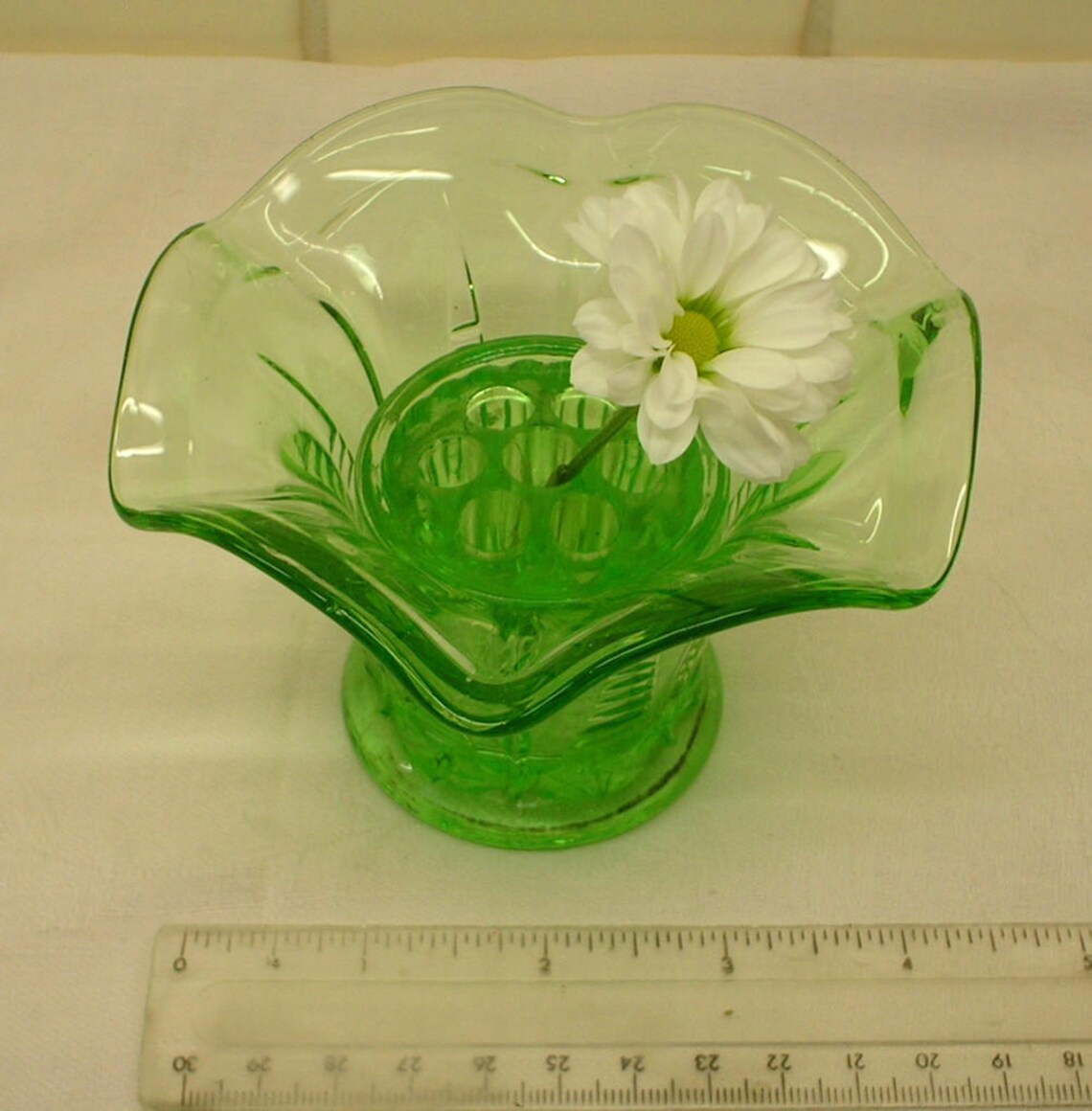 Vintage green glass vase & flower frog emerald green colour Etsy