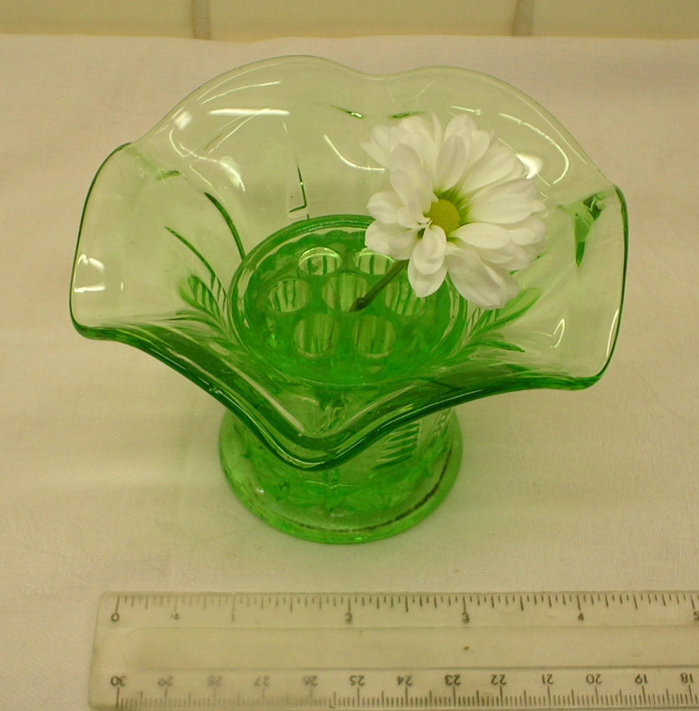 Vintage green glass vase & flower frog emerald green colour Etsy