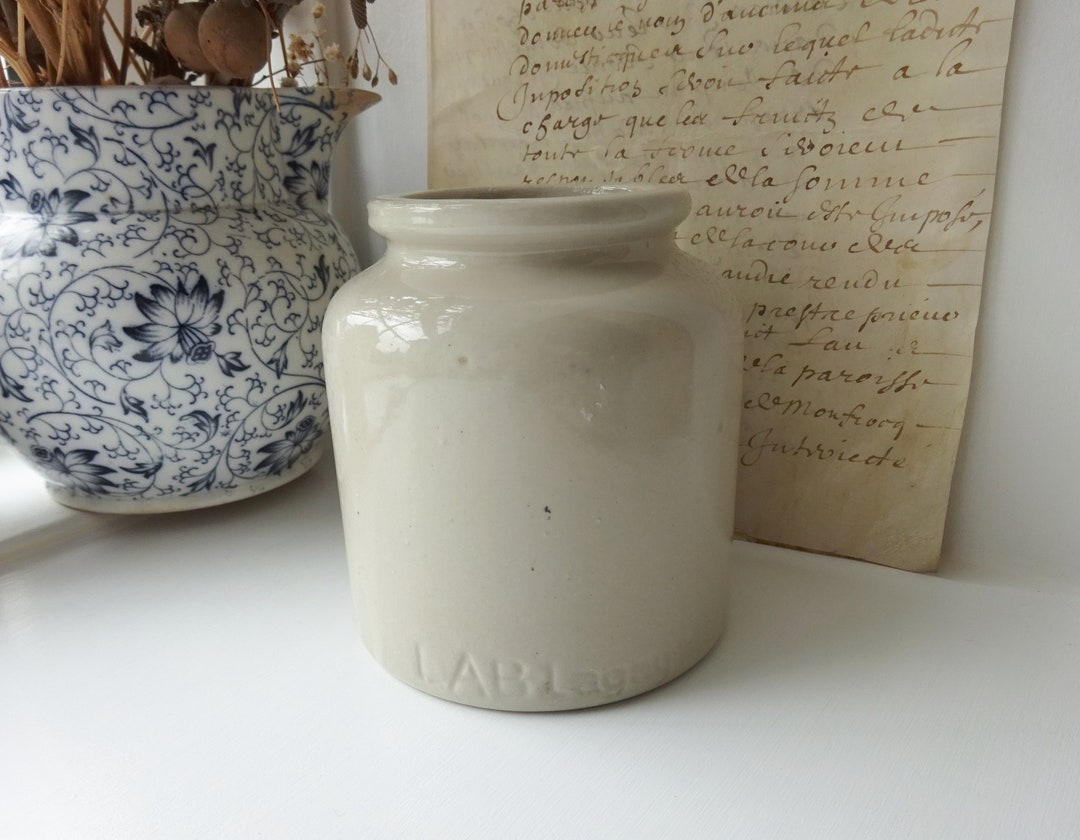 Vintage French Mustard Jar, LAB Lagny Stoneware Mustard Pot Made in
