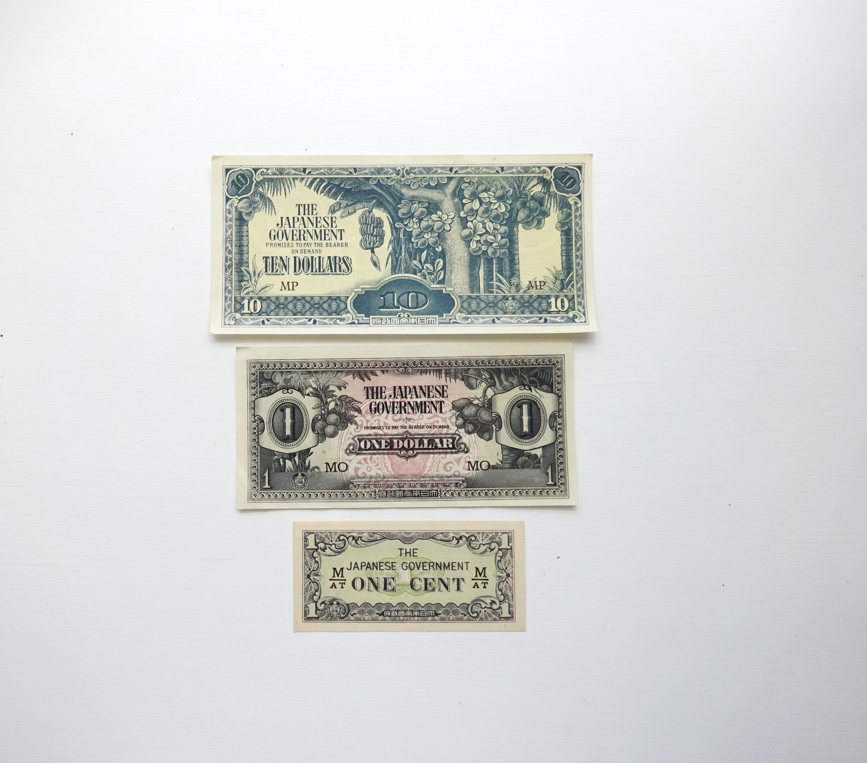 Japanese Invasion Money Banknotes, 1 Cent, 1 Dollar, Ten