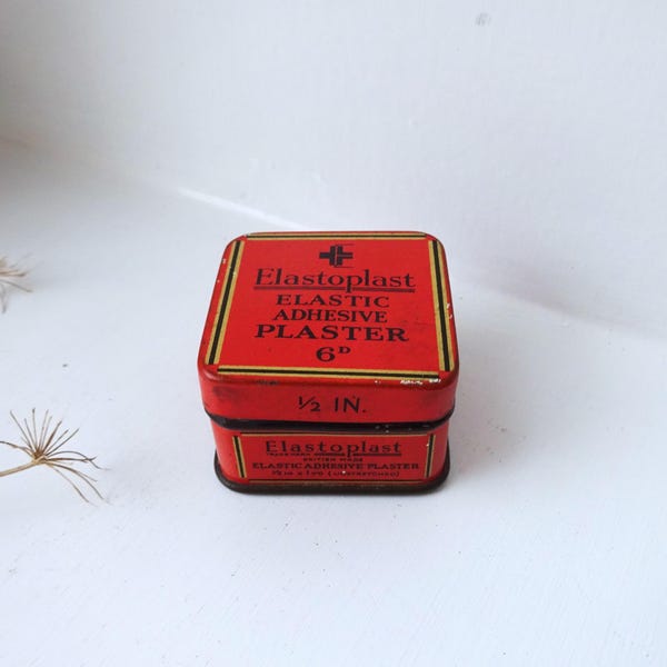 Vintage Elastoplast tin, small 1950's Flesh Elastic Adhesive Plaster 6d tin, Made in England, Smith & Nephew, collectable medical, film prop