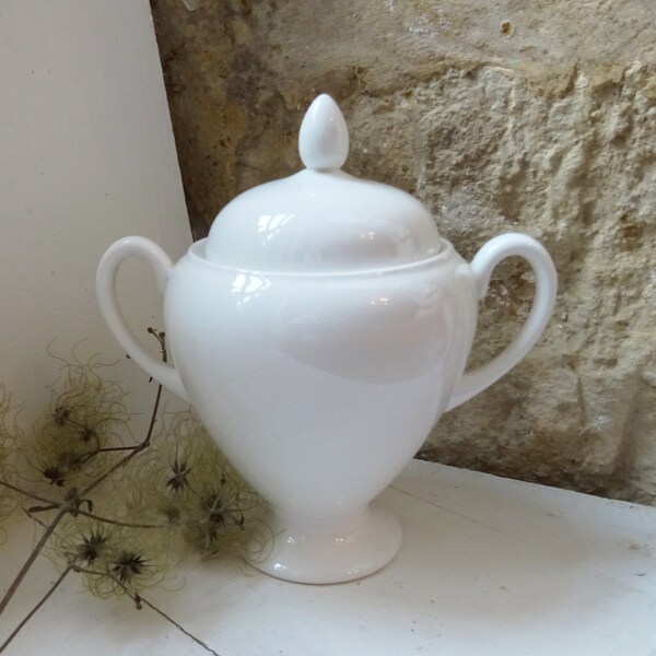 Vintage white china sugar bowl with lid, ironstone lidded urn, white pottery urn shaped sugar bowl. White china, white decor, white interior