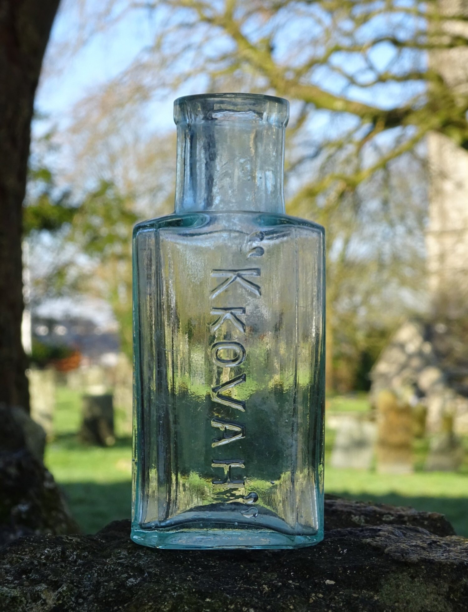 Antique Kkovah Bottle, Octagonal Aqua Glass Bottle, Rare