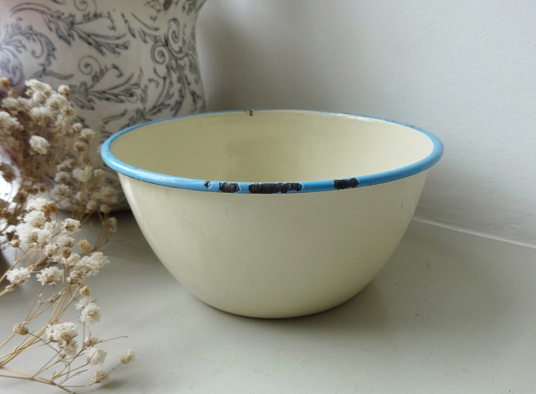 Vintage Enamel Basin, Cream With Turquoise Blue Rim, Chippy Enamelware