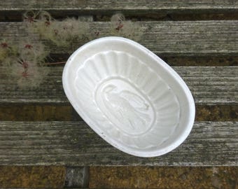 Antique French pigeon terrine mould, rare French ironstone jelly mould with pigeon pattern in top, white china, white pottery, white decor