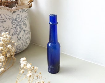 Antique cobalt bottle, 'Scottish long neck' cobalt bottle, burst top, shear lip thin cylindrical dark cobalt medicine bottle, chemist bottle
